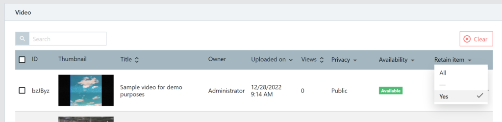 Filtering the video list for videos flagged for retention