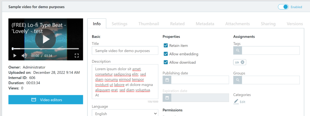 Admin portal video details page with "Retain item" selected.