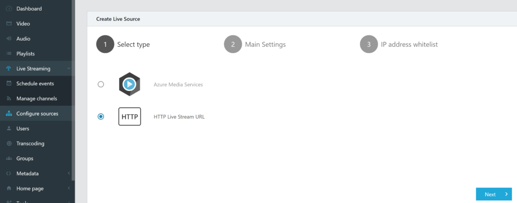 Live source types with generic live source selected